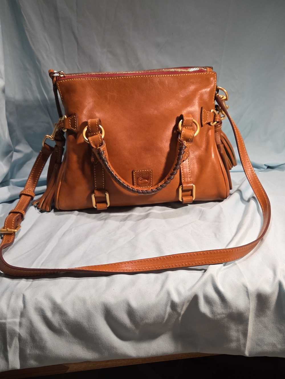 Dooney & Bourke Florentine Leather Satchel 12” Cognac Brown, Excellent Cond.